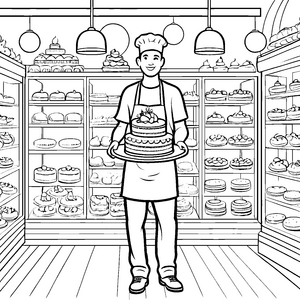 Kreativer Bäcker mit schönsten Torten und Pralinen Ausmalvorlage für kleine Genusszauberer