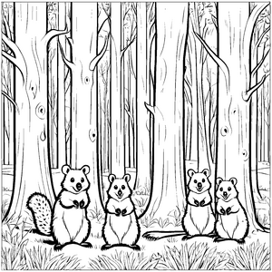Fröhliche Quokkas im freundlichen Wald Ausmalmotiv für neugierige Entdecker