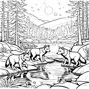 Drei mystische Wolfsbabys am nächtlichen Fluss Ausmalvorlage für abenteuerliche Traumwanderer
