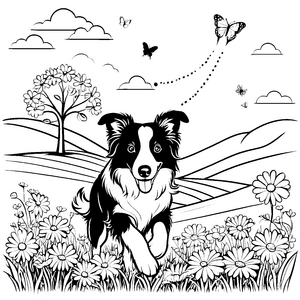 Lustiger Border Collie im Blumenfeld Ausmalbild für fröhliche Entdecker