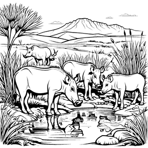 Kurvenreiche Warzenschweine am sprudelnden Bach Ausmalvorlage für abenteuerlustige Tierfreunde
