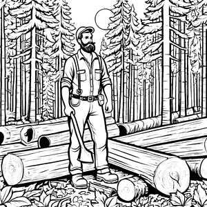 Männlicher Holzfäller mit Baumstämme Malvorlage für mutige Waldentdecker