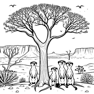 Sechs staunende Erdmännchen Jungtiere am großen Baum Ausmalbild für kleine Abenteurer und kreative Tierfreunde