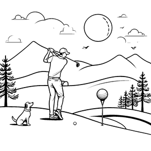 Lustiger Golfprofi mit treuem Freund Ausmalvorlage für abenteuerlustige Tierliebhaber