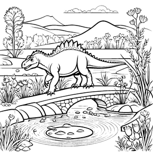 Pachycephalosaurus auf malerischer Brücke Malvorlage für abenteuerlustige Dino-Fans