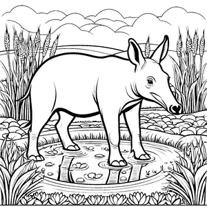 Schickes Erdferkel in einem lustigen Matschteich Ausmalbild für kleine Naturentdecker