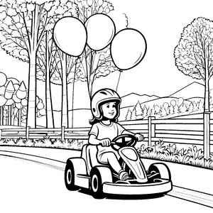 Kühnes Go-Kart mit fröhlichem Kind und schwebenden Ballons Malvorlage für abenteuerlustige Entdeckerherzen