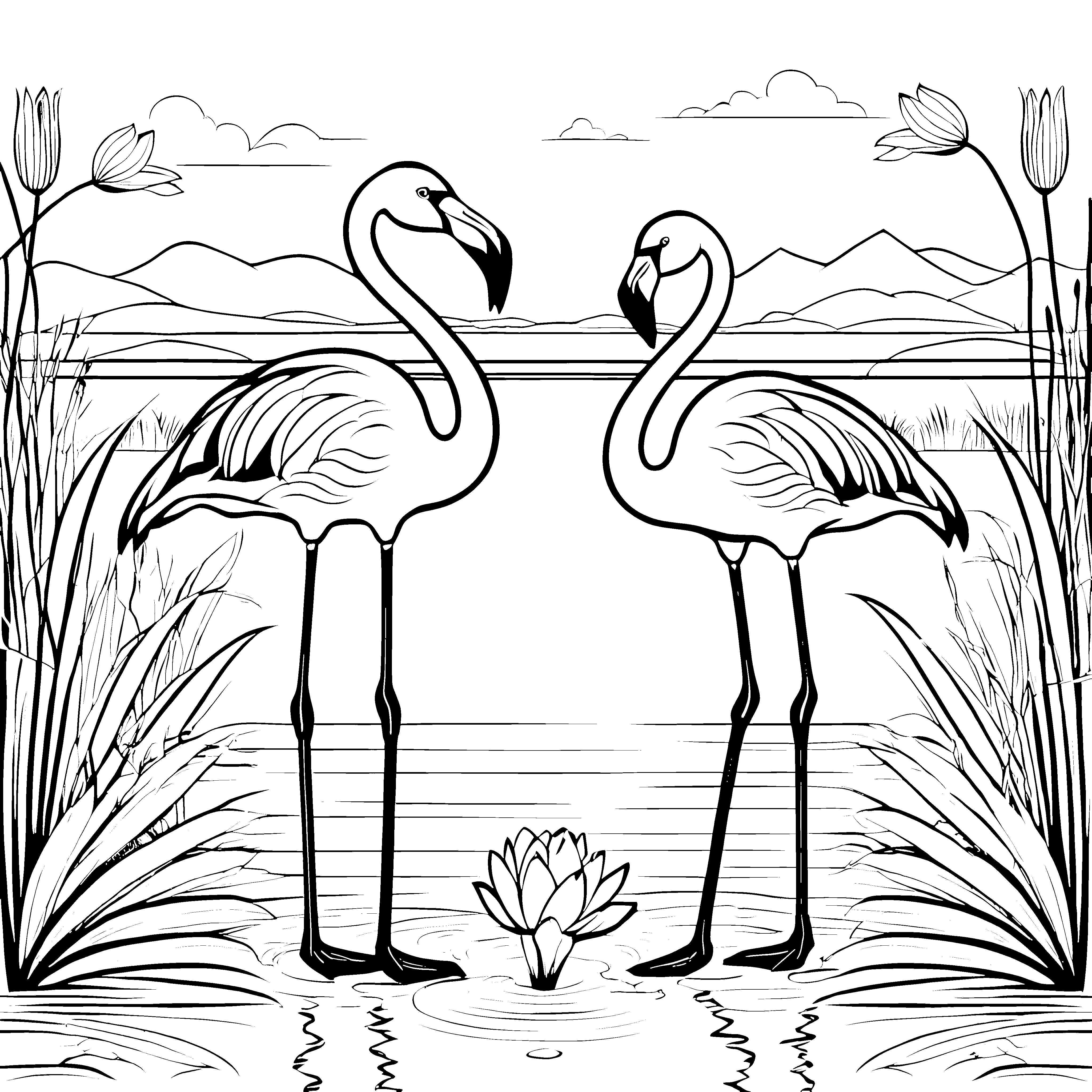 Zwei charmante Flamingos am ruhigen Teich Ausmalvorlage für kreative Naturentdecker