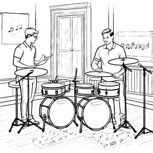Mitreißendes Trommel-Duett in lebendiger Atmosphäre Ausmalbild für kreative Rhythmus-Abenteurer