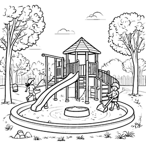 Spannender Spielplatz mit kletterndem Freund und Rutsche Ausmalbild für lebhafte Entdecker