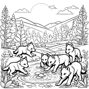 Fünf lebhafte Wolfsbabys im glitzernden Wasser Ausmalmotiv für neugierige Tierfreundinnen