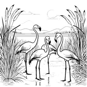 Drei stilvolle Flamingos am glitzernden Wasser Malvorlage für kleine Naturentdecker