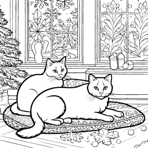 Gemütliche Katzen vor dem Weihnachtsfenster Ausmalmotiv für warme Herzchen