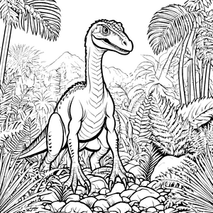 Spannender Velociraptor zwischen tropischen Pflanzen Ausmalvorlage für junge Dino-Fans