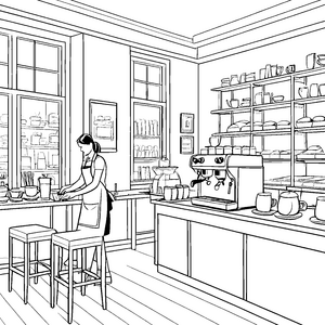 Künstlerische Kaffeemaschine mit bunten Kaffeetassen Ausmalbild für kleine Kreativköpfe