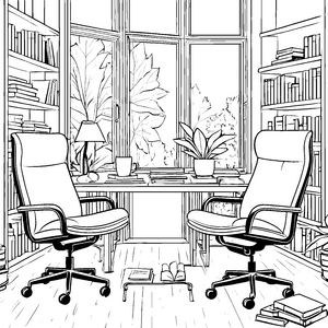 Zwei schicke schwarze Bürostühle am Fenster Malvorlage für angehende Designer