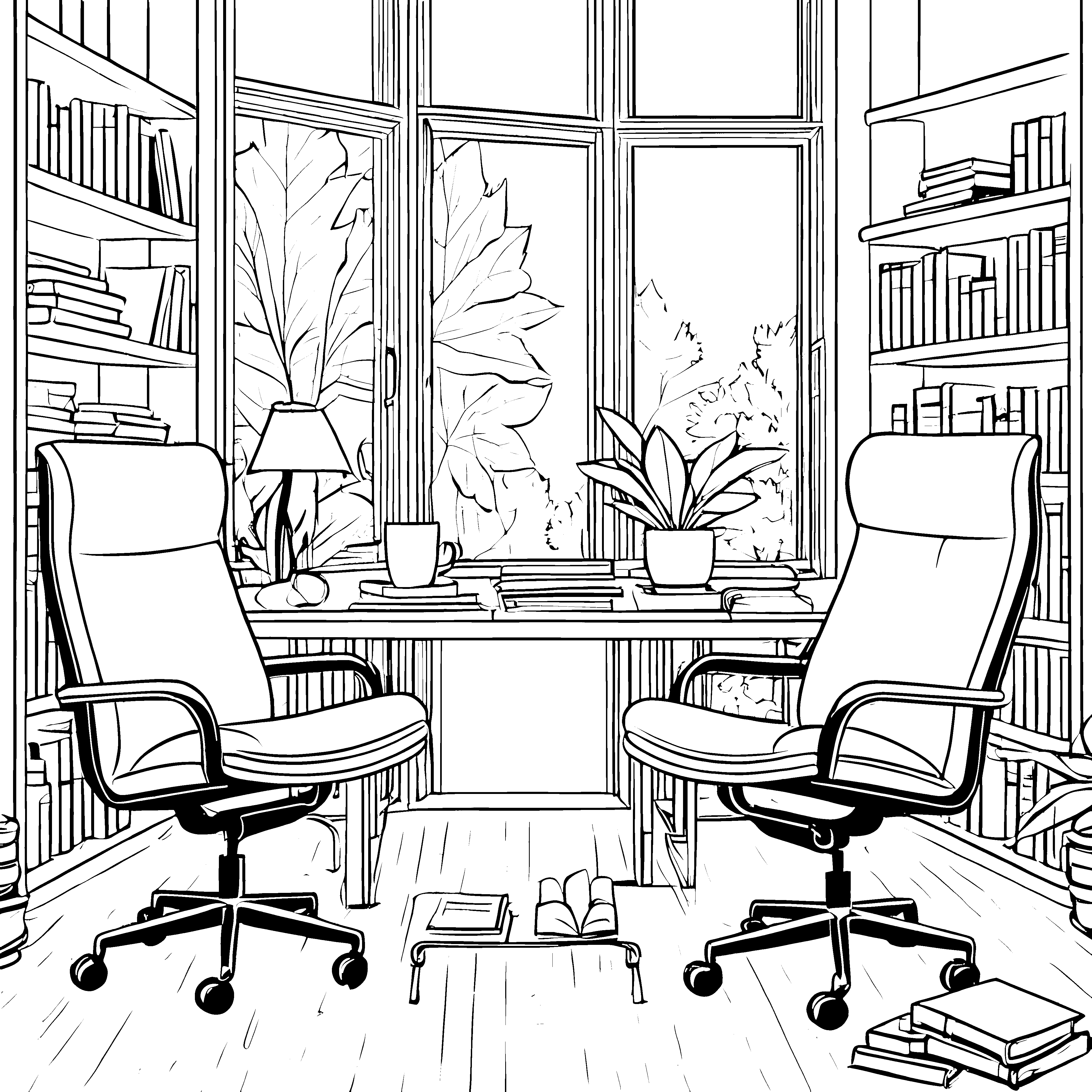 Zwei schicke schwarze Bürostühle am Fenster Malvorlage für angehende Designer