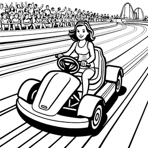 Begeisterndes Go-Kart mit jubelnder Fahrerin und fröhlichen Zuschauern Ausmalspaß für energiegeladene Rennfans