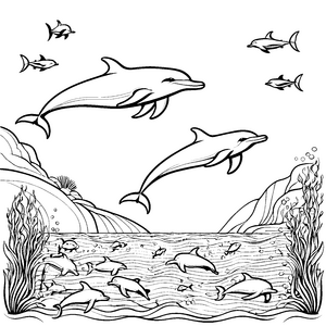 Spritzende Delfine tanzen fröhlich im Wasser Ausmalbild für fantasievolle Wasserfreunde