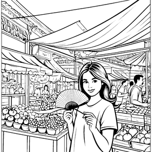 Elegante Frau mit Handfächer auf dem Markt Ausmalbild für kreative Obstliebhaber