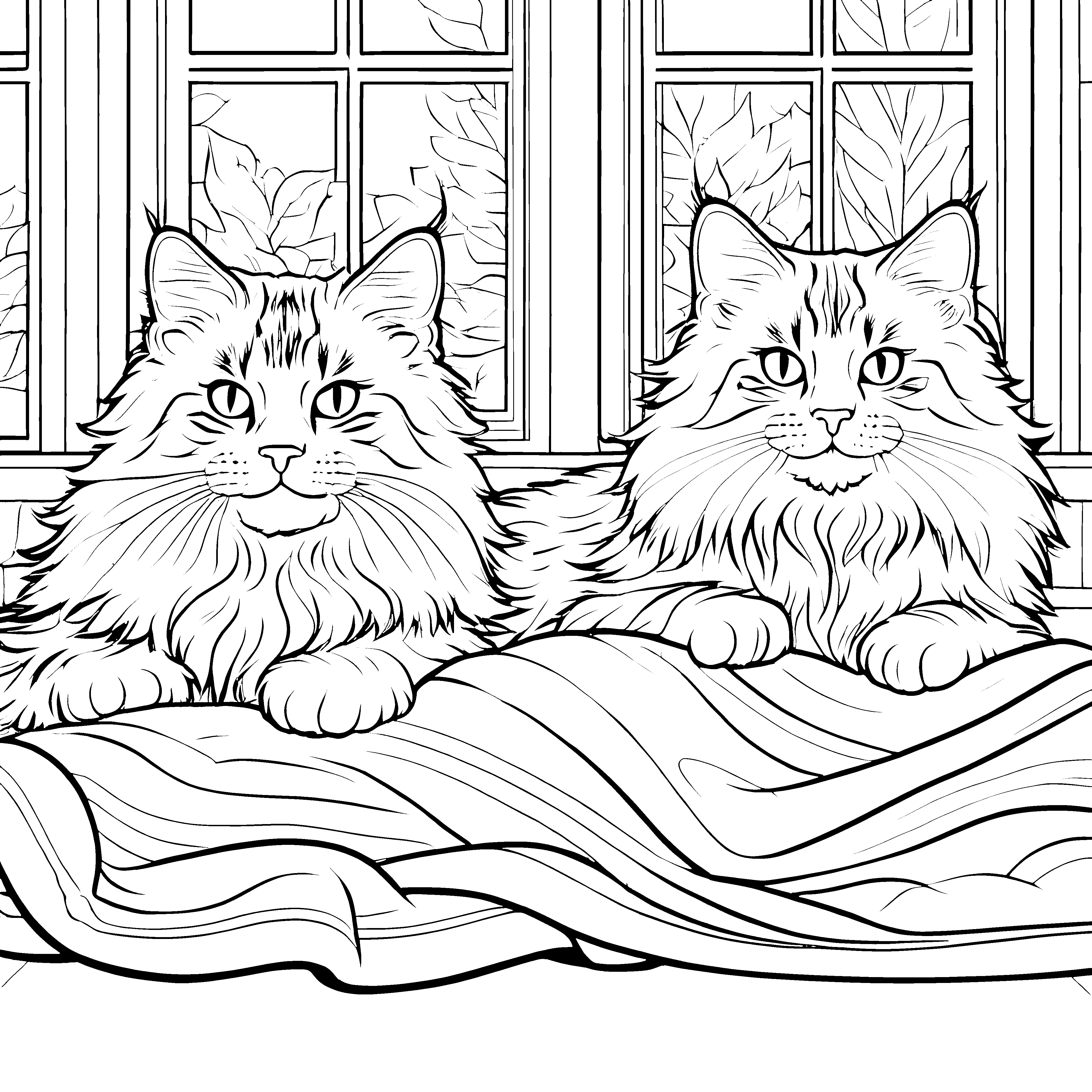 Gemütliche zwei Maine Coon Katzen auf Bett Malvorlage für kreative Traumtänzer