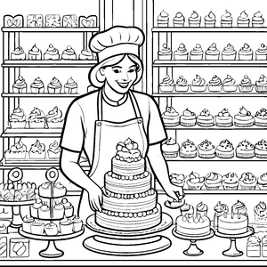 Fröhlicher Bäcker mit fantastischen Torten und Cupcakes Ausmalbild für kleine Kuchenzauberer