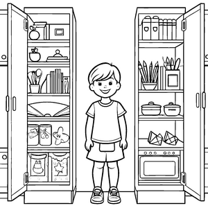 Faszinierendes Kind entdeckt leckere Snacks im Kühlschrank Ausmalvorlage für kleine Naschkatzen und Entdecker