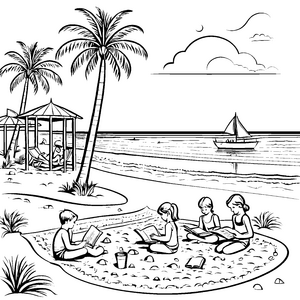Vier fröhliche Kinder beim Lesen am Strand Ausmalbild für neugierige Entdecker