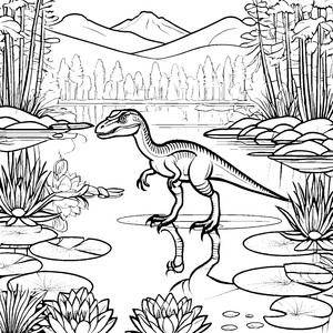 Faszinierender Velociraptor am ruhigen See Ausmalbild für neugierige Entdecker