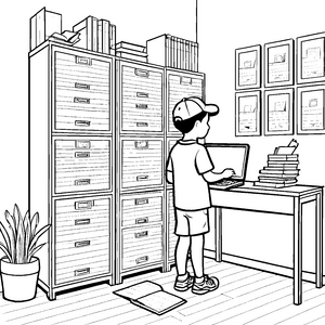 Fantasievolles Arbeitszimmer mit Laptop und Bücherregal Malvorlage für kreative Denkakrobaten
