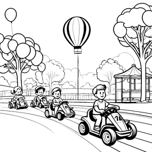 Rasante Go-Kart-Runde im bunten Freizeitpark Ausmalbild für kleine Rennfahrer