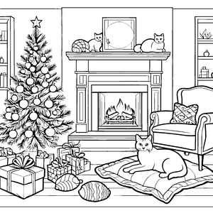 Gemütliche Weihnachtsatmosphäre mit schnurrenden Katzen Ausmalbild für kreative Kuscheltiere