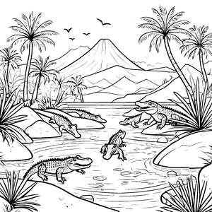 Abenteuerliches Krokodil am Ufer mit Palmen Ausmalbild für kreative Wasserfreunde