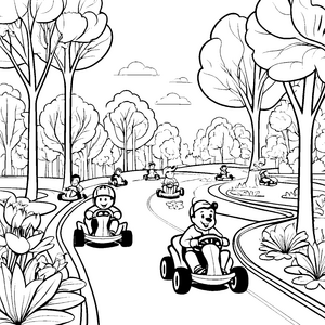 Schnelle Go-Karts auf spannender Rennstrecke Ausmalvorlage für kleine Raser