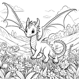 Fantastischer Drache in buntem Blumenfeld Ausmalbild für mutige Zeichenkünstler