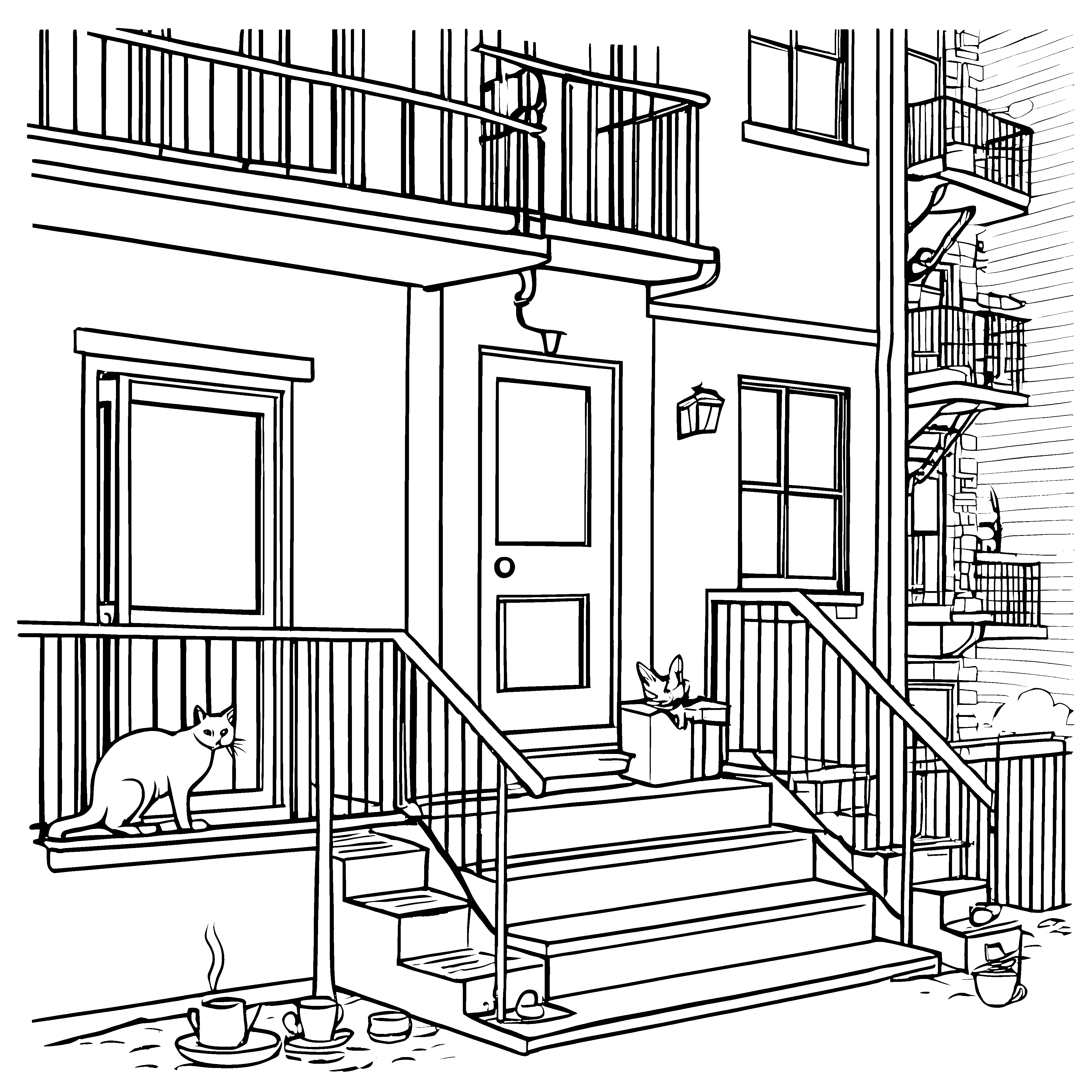 Schlummernde Straßenkatze auf einladender Treppe Ausmalbild für träumerische Entdecker