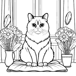 Grummelige Katze auf gemütlichem Kissen Malvorlage für kreative Stubentiger-Fans