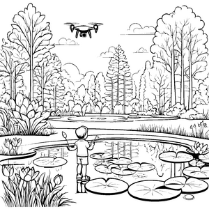 Futuristische Drohne über dem malerischen Teich Ausmalvorlage für neugierige Entdecker
