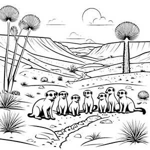 Sechs lustige Erdmännchen Jungtiere am Flussbett Ausmalbild für kleine Abenteurer und Tierforscher