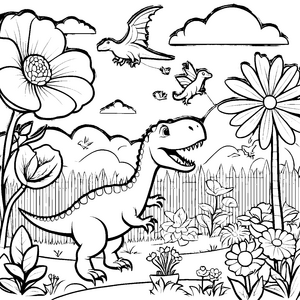 Fröhlicher Albertosaurus im bunten Blumenfeld Ausmalbild für tierliebe Künstler