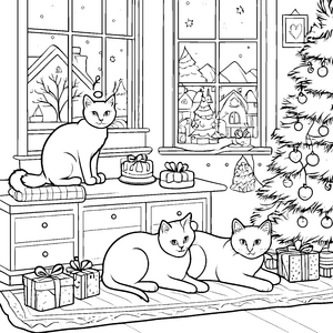 Weihnachtliche Katzen um den festlich geschmückten Baum Ausmalbild für kreative Tierfreunde