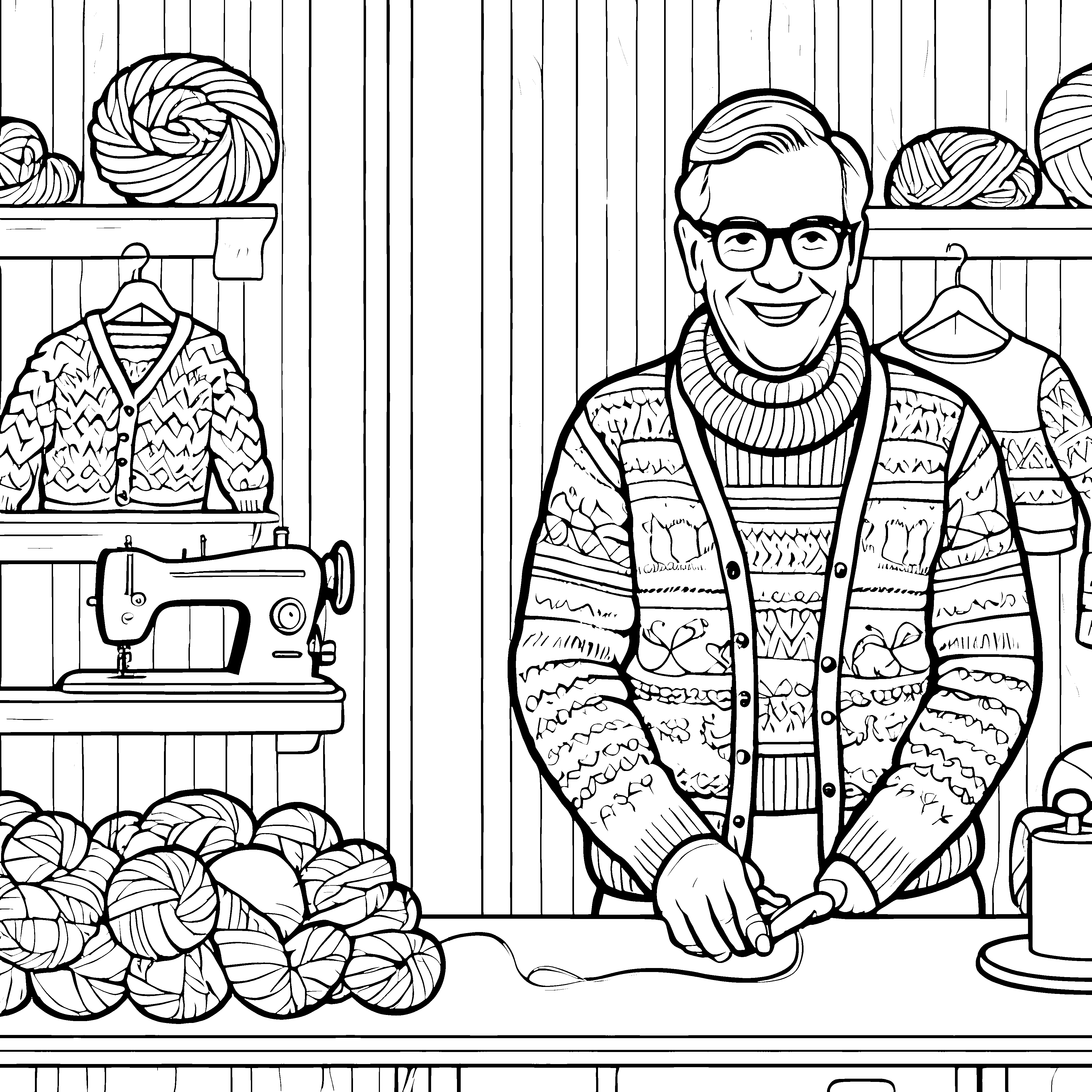 Kreativer Mann mit Wolle und bunten Pullovern Ausmalvorlage für zwergige Designer