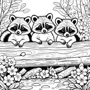 Drei furchtlose Waschbär-Babys auf einem Baumstamm Bastelmotiv für kleine Entdecker mit Abenteuerlust