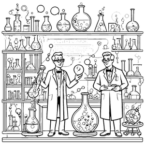 Verrückte Chemiker im geheimnisvollen Labor Ausmalvorlage für junge Forschergeister