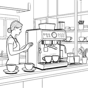Verführerische Kaffeemaschine mit frischen Tassen Ausmalvorlage für kleine Genussentdecker