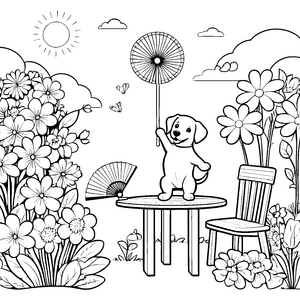 Bezaubernder Hund mit Handfächer in blühendem Garten Ausmalbild für fröhliche Entdecker