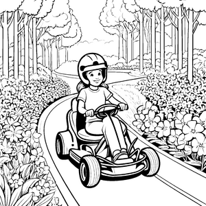 Schnelles Go-Kart mit fröhlichem Fahrer und blühenden Bäumen Ausmalbild für kleine Geschwindigkeitskünstler