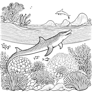 Grüner Mosasaurus zwischen bunten Meeresbewohnern Ausmalvorlage für kleine Wasserfreunde und entdeckungsfreudige Künstler