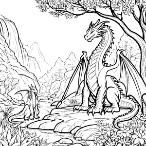 Witziger Drache auf Felsen neben süßem Mäuschen Ausmalvorlage für fantasievolle Tierfreunde