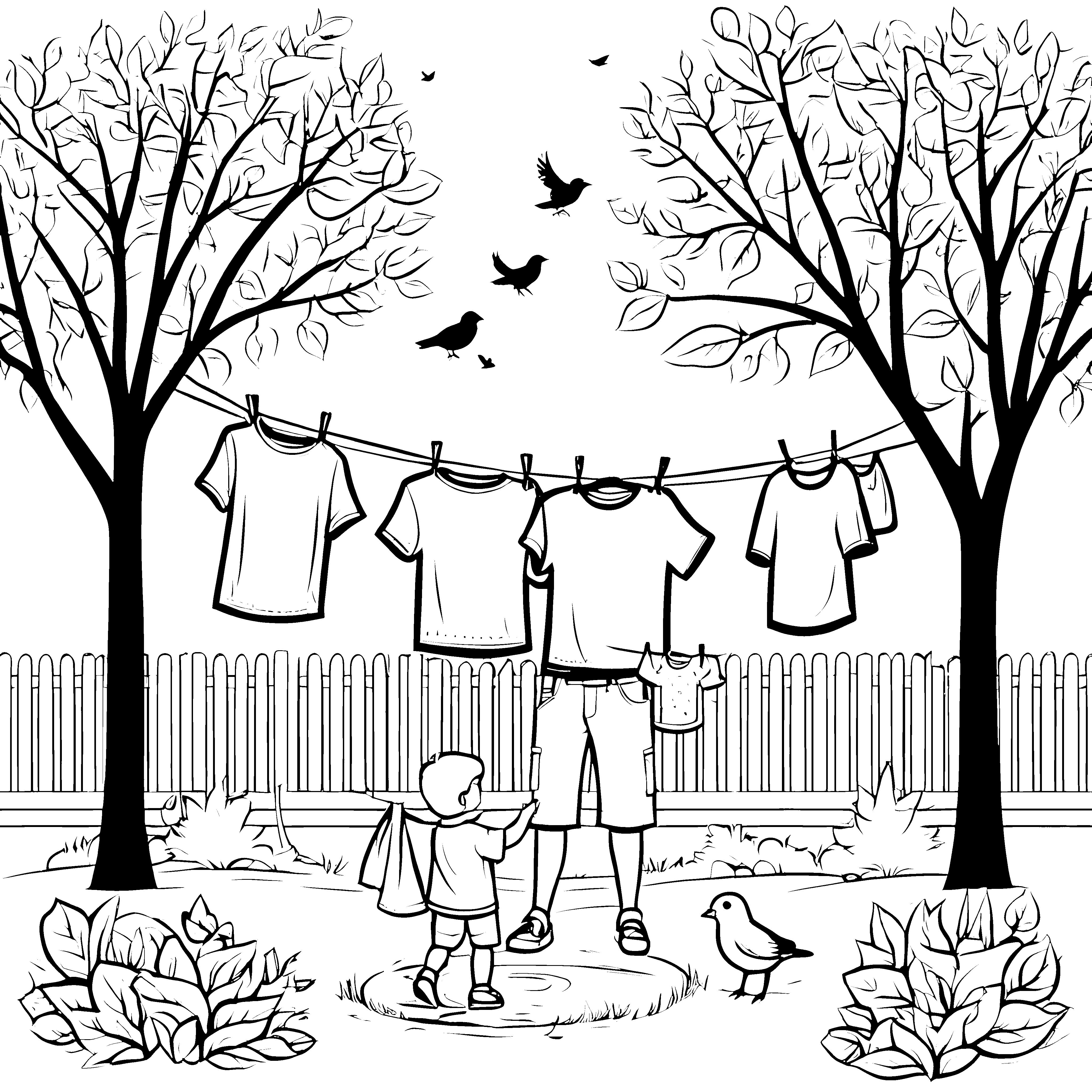Charismatische Wäscheleinen mit bunten Shirts und fröhlichen Vögeln Ausmalbild für kleine Geschichtenerzähler
